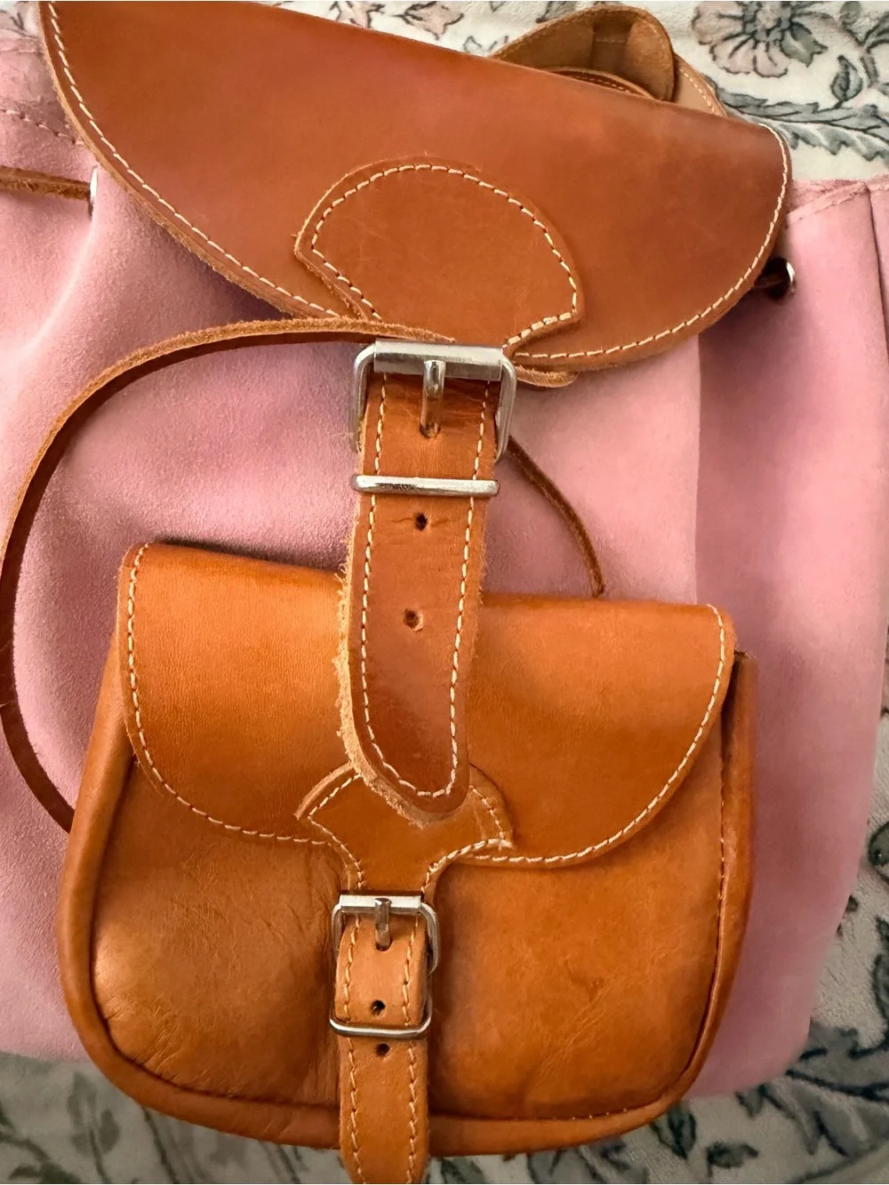 Pink Canvas Backpack with Tan Leather Trim - Unbranded